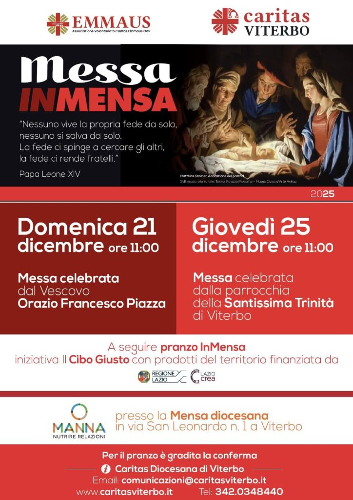 Messa celebrata dal Vescovo
Orazio Francesco Piazza
A seguire pranzo InMensa
iniziativa Il Cibo Giusto con prodotti del territorio