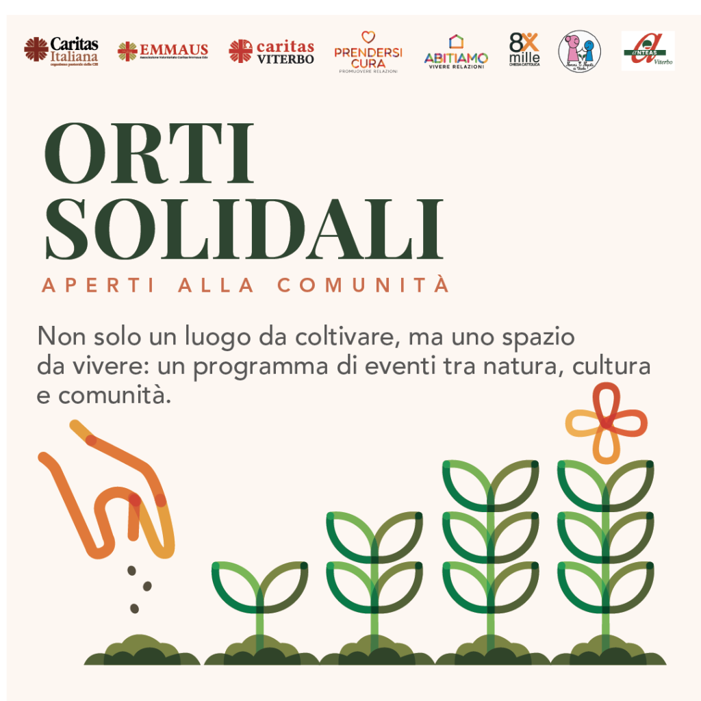 Locandina degli Orti Solidali aperti alla comunità promossi dalla Caritas Diocesana di Viterbo